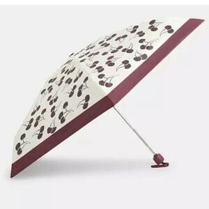 Coach Cream Cherry Print Folding Umbrella with Maroon Trim